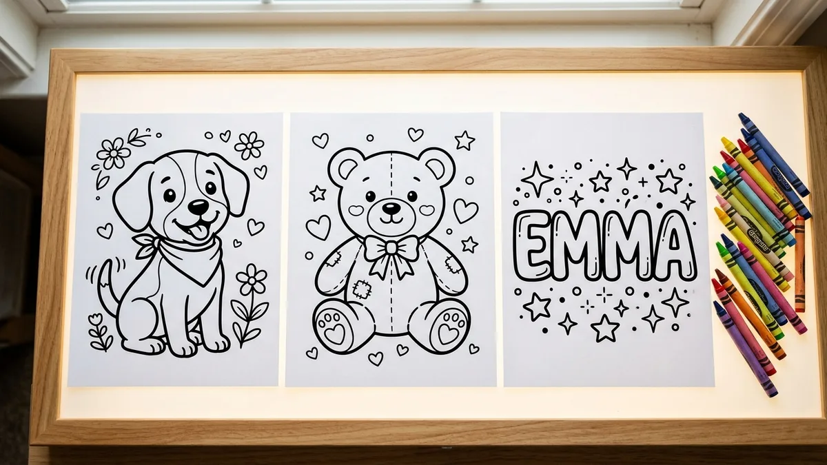 Three custom coloring pages for kids showing a pet, a toy and a name page