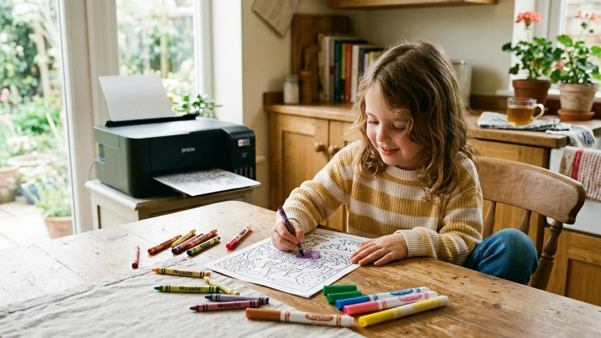 Child coloring a printed custom coloring sheet at a kitchen table
