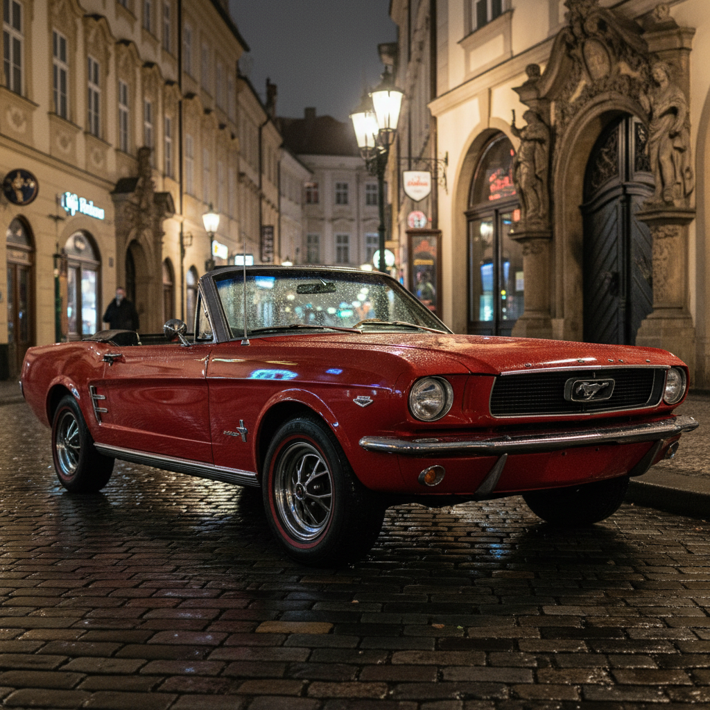 A dramatic, cinematic nighttime shot. A gleaming, cherry red 1967 Ford Mustang convertible is parked on a rain-slicked cobblestone street in Prague. The car's chrome trim and polished paint reflect the vibrant neon signs of nearby shops, creating streaks of color across its surface. The camera is positioned low, emphasizing the car's powerful stance. Soft, diffused light from the streetlamps bathes the scene in a warm glow, highlighting the intricate details of the architecture. This hyperrealistic image captures the timeless beauty of the classic car and the old-world charm of the European city in stunning detail. 4k resolution, a masterpiece.