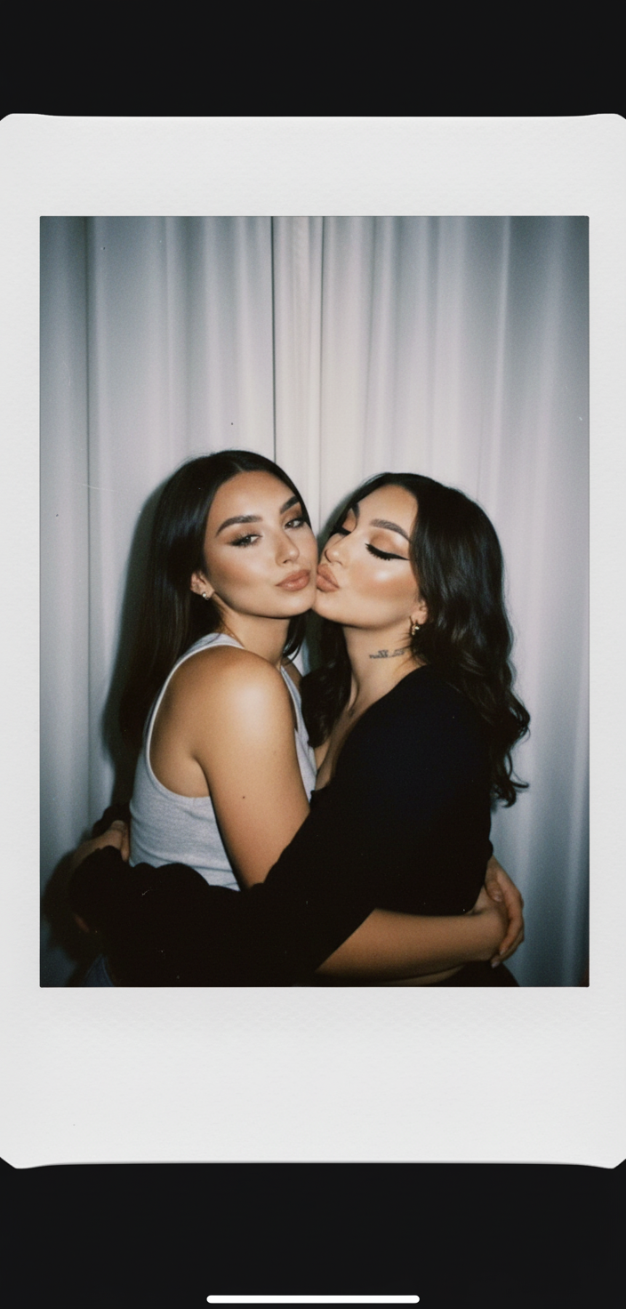 Make a picture taken with a Polaroid camera. The photo should have a slight blur effect and a consistent light source, such as a flash from a dark room, scattered throughout the photo. Do not change the face. Replace the background behind the two people with a white curtain. Both girls are kissing and hugging each other