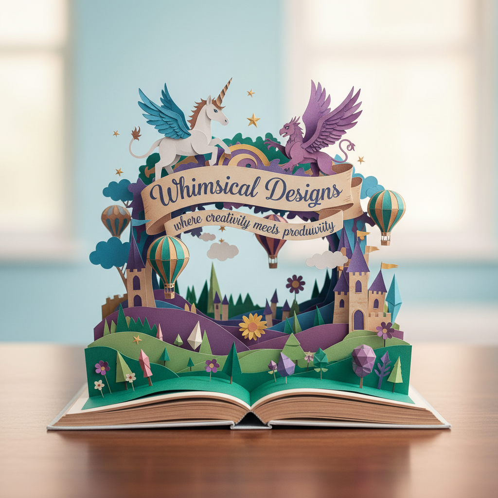 Multi-layered foldable paper sculpture pop-up book, placed on a desk, with a clean background highlighting the main subject. The book presents a 3D flip-book style, with a 2:3 vertical aspect ratio. The open pages displays the exact words Whimsical Designs,  where creativity meets productivity. All elements are finely foldable and assembled, showcasing a realistic and delicate texture of folded paper. The composition uniformly adopts a frontal perspective, with an overall dreamy and beautiful visual style, vibrant and gorgeous colors, full of a fantastical and lively story atmosphere.