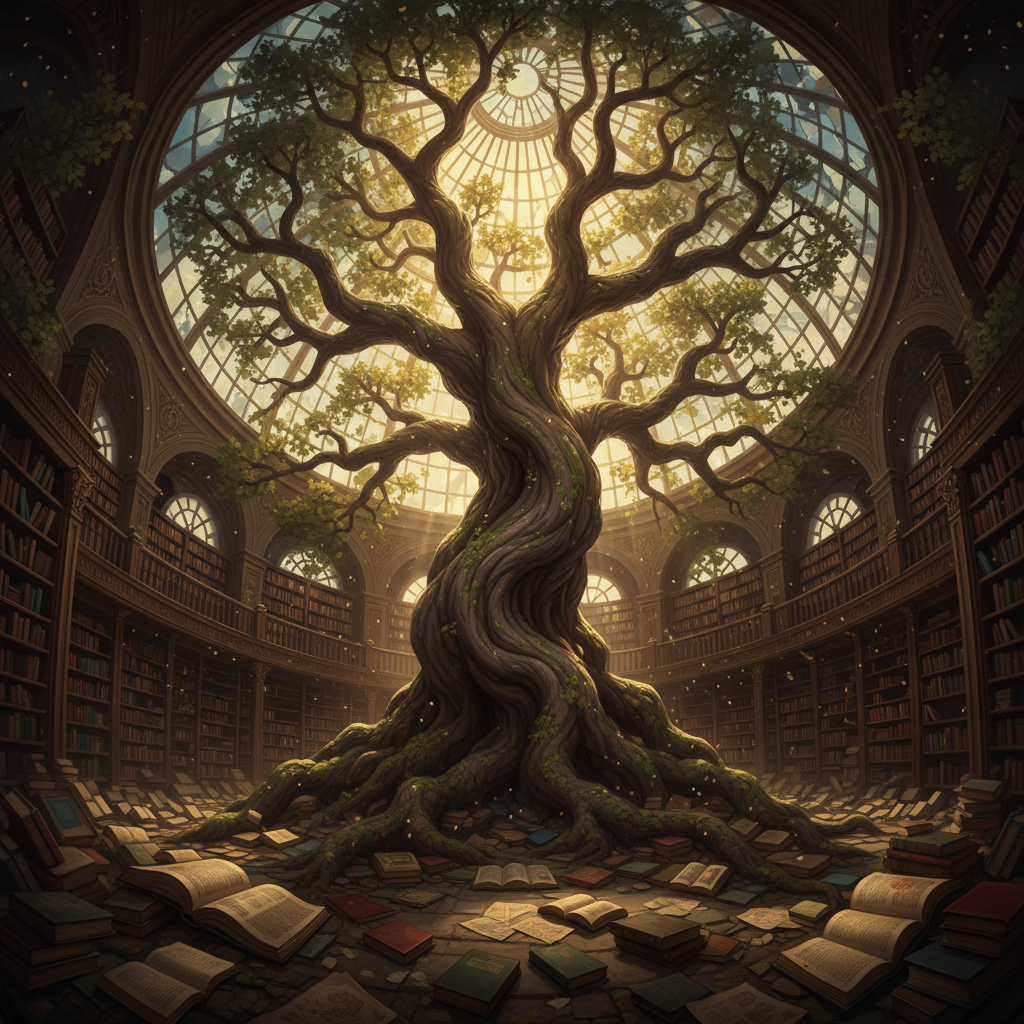 A hyperrealistic digital painting depicts a colossal, ancient tree growing inside a massive, abandoned library. Bookshelves stretch endlessly into the shadows, their contents spilling onto the floor, entwined with the tree's roots. Sunlight streams through a shattered glass ceiling, illuminating swirling dust motes and casting an ethereal glow on the scene. The color palette is dominated by warm browns and greens, contrasted by the cool blues of the distant, unseen sky. The composition is a wide angle shot, emphasizing the scale of the tree and the decaying grandeur of the library. Masterpiece, 4k resolution.