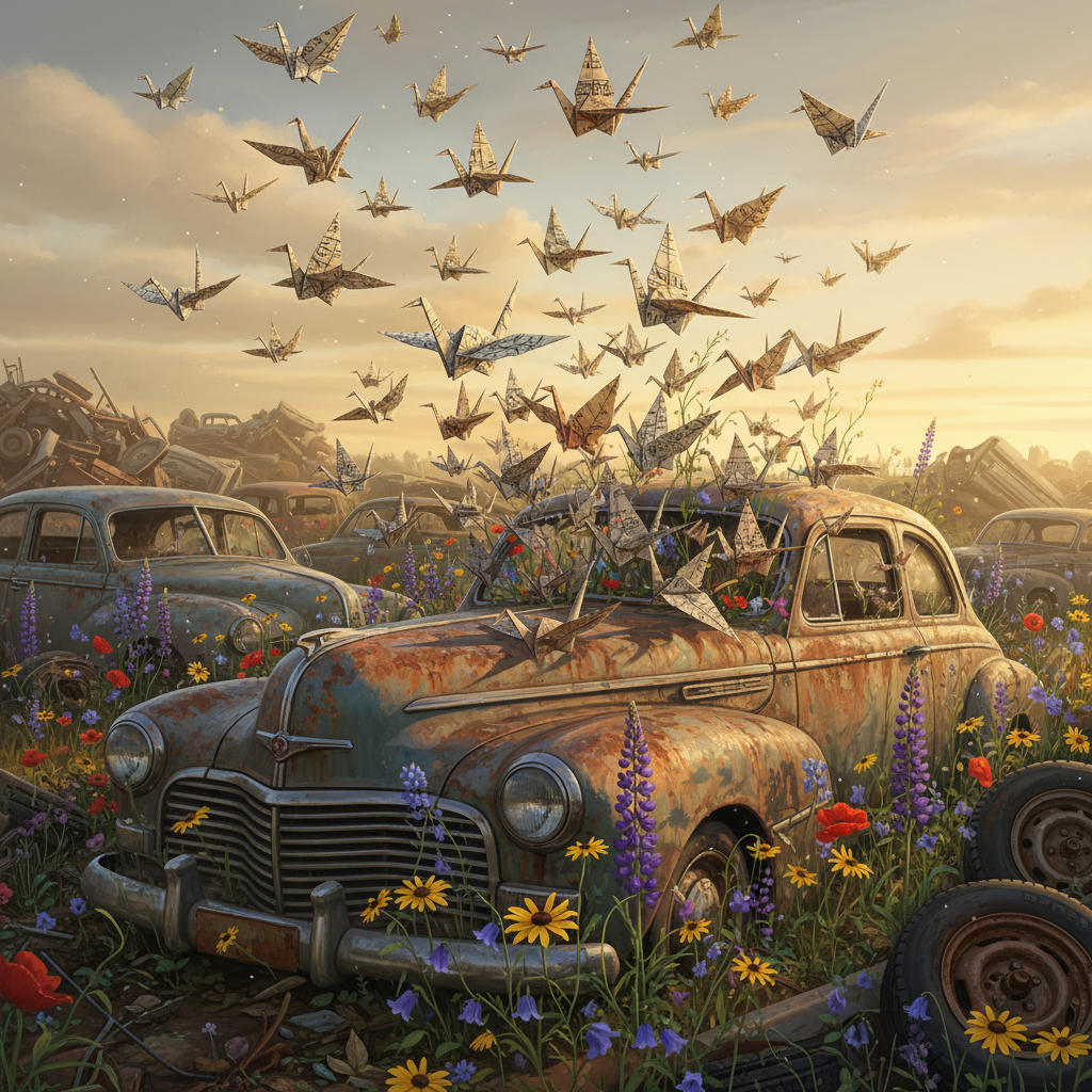 A hyperrealistic digital painting of a flock of origami cranes taking flight from the rusted hood of a vintage car in a junkyard. The cranes are each folded from different patterned papers: newspaper, sheet music, maps, creating a vibrant mosaic against the decaying metal. The junkyard is overgrown with wildflowers in full bloom, a stark contrast to the surrounding decay. The scene is bathed in the golden light of late afternoon, creating long, dramatic shadows and highlighting the intricate details of the origami. 4k resolution, a masterpiece of digital art.
