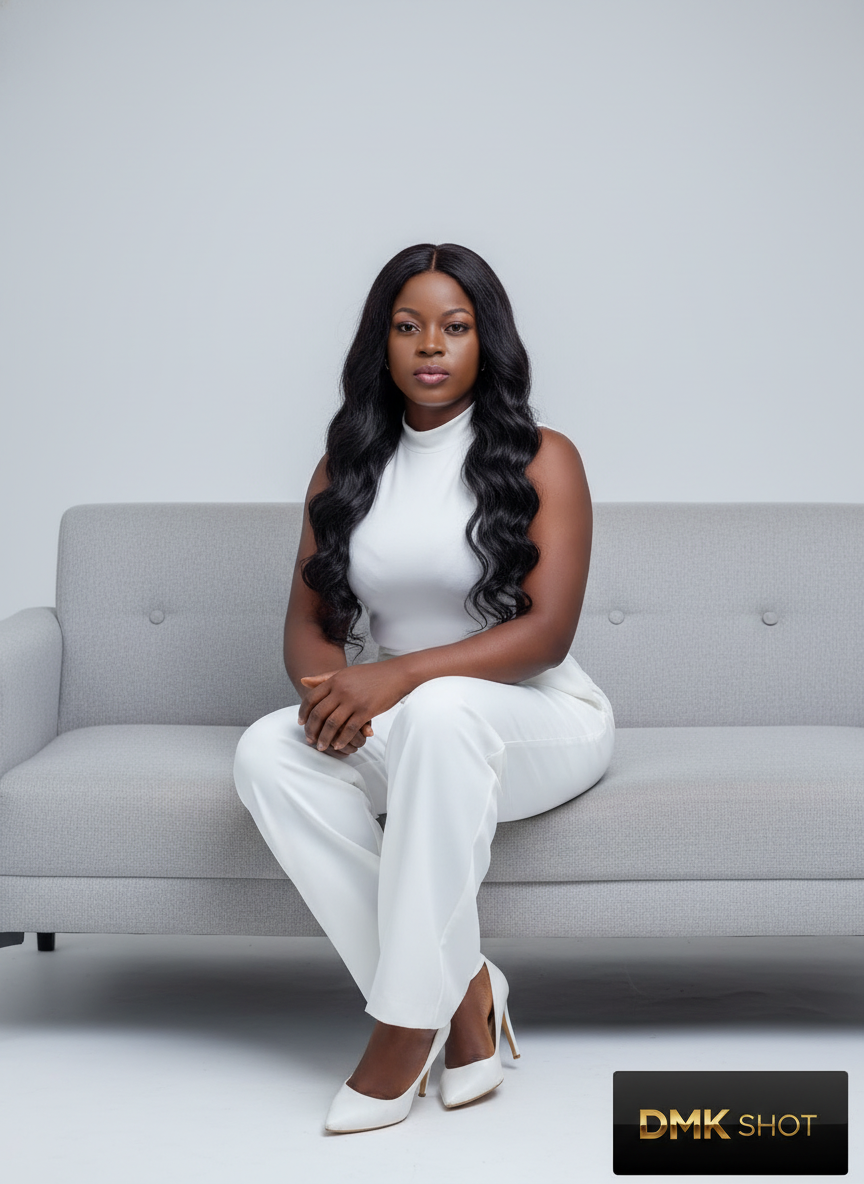 Using this exact face, create a
Full-body studio shot features a beautiful, elegant Black woman with long, dark, wavy hair, parted to her right, cascading over her shoulders. She is looking directly at the viewer with a serious, confident expression. She is wearing a sleeveless white mock neck top and flowy white trousers, paired with white high heels. She is sitting on a modern sofa, Her hands are clasped in front of her. The lighting is bright and even, highlighting her features and the details of her clothing .The background is a plain, light gray, creating a clean and minimalist aesthetic. her posture is poised and sophisticated. On the lower right corner, add a luxury logo reading "DMK SHOT", on a matte black background - elegant metallic gold text in subtle 3D reflections and depth