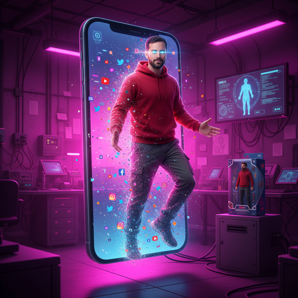 A hyper-realistic digital artwork of this man in the above image, in a red hoodie and gray cargo pants stepping out of a giant 3D smartphone screen. His body transitions from digital particles and glowing social media icons (Twitter, YouTube, Instagram,facebook etc.) into a fully realistic human form. The background is a futuristic neon-lit lab with purple and pink ambient lights, a computer showing a digital scan, and a boxed action figure version The scene symbolizes the blend of technology, artificial intelligence, and human identity. Highly detailed, cinematic lighting, ultra-realism, 8K resolution, sci-fi poster aesthetic