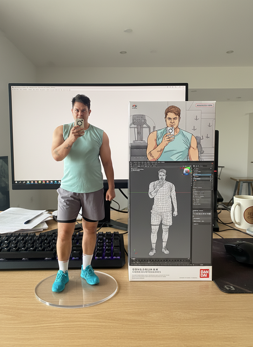 create a 1/7 scale commercialized figurine of the characters in the picture, in a realistic style, in a real environment. The figurine is placed on a computer desk. The figurine has a round transparent acrylic base, with no text on the base. The content on the computer screen is the Zbrush modeling process of this figurine. Next to the computer screen is a BANDAI-style toy packaging box printed with the original artwork. The packaging features two-dimensional flat illustrations