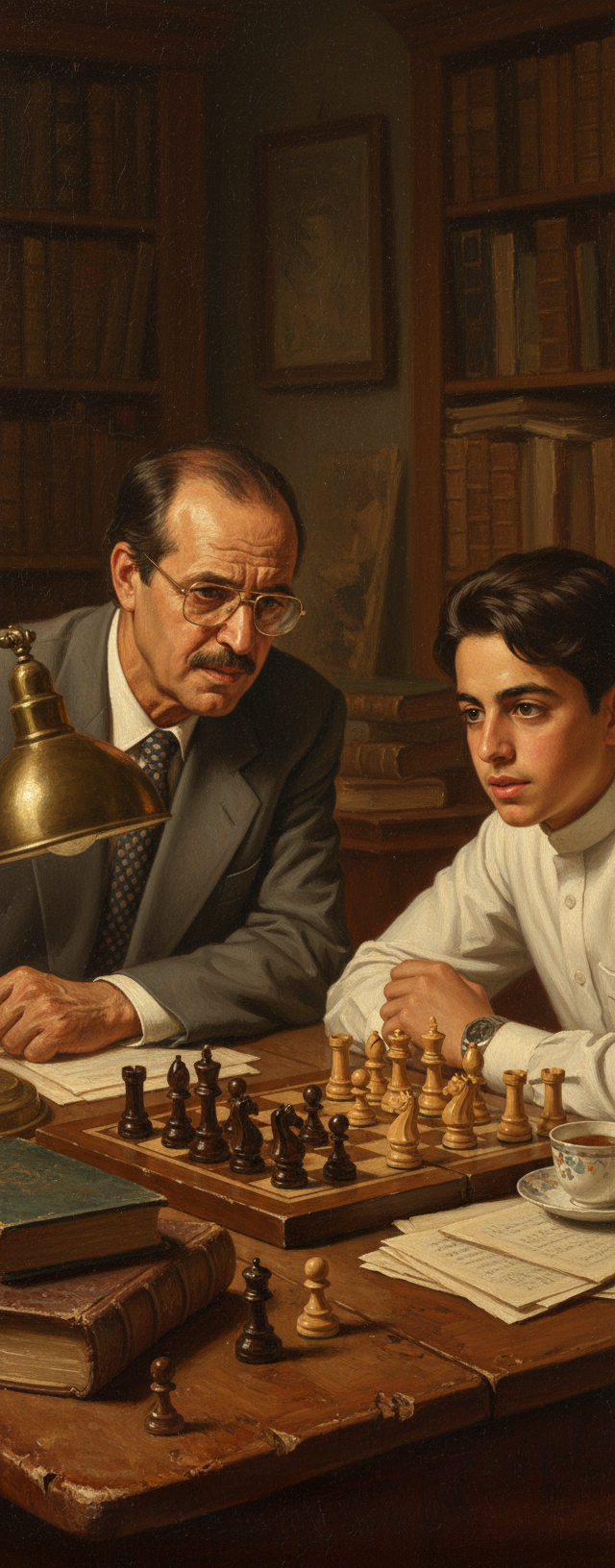 A candid, visually interesting portrait of a father and son seated at a worn, wooden table in a dimly lit, cozy study. The father, with a kind, weathered face, leans in attentively as his son speaks, his expression a mixture of concern and understanding. The scene is lit by a single, warm lamp casting long, soft shadows, highlighting the dust motes dancing in the air. A half-finished game of chess sits between them, the pieces frozen in a silent battle. Capture the scene in a hyperrealistic style, reminiscent of a Rembrandt painting, with rich, earthy tones and intricate details, 4k resolution, a true masterpiece.
Save the same realistic faces
