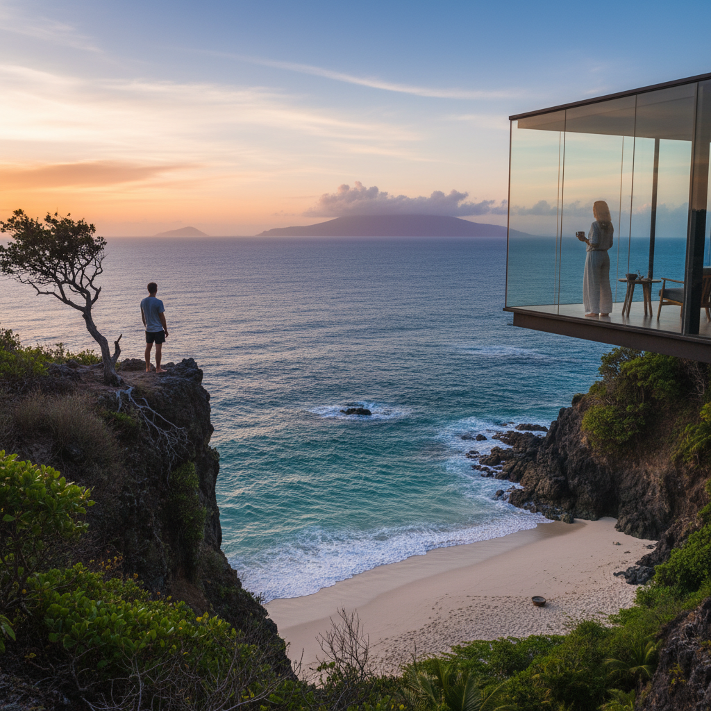 I want you to generate a photo of someone looking over the Pacific Ocean somewhere remote, nothing to be bothered about and also give me 3 variations of this prompt. Ask clarifying question if you are not sure.