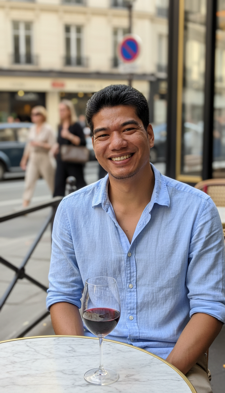 A photorealistic portrait captures a man in his late 30s, seated at a classic Parisian cafe table on a sun-drenched sidewalk. He wears a linen shirt, slightly rumpled, and his sleeves are rolled up, revealing tanned forearms. A half-empty glass of red wine sits before him, catching the sunlight. His expression is one of genuine, unbridled joy, a wide smile crinkling the corners of his eyes. The background is a blur of Parisian activity – chic pedestrians, vintage cars, and the wrought-iron details of the cafe's exterior. The image is rendered in exquisite detail, hyperrealistic, with a shallow depth of field that brings the man's happiness into sharp focus, 4k resolution, a true masterpiece.