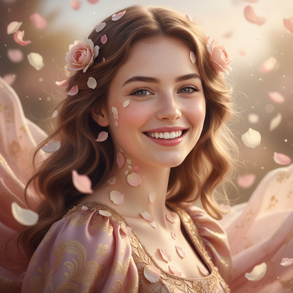 An extreme close-up, photorealistic portrait of a beautiful young woman dressed amazing, her face radiant with joy. Rose petals, soft and delicate, gently cascade around her, some clinging to her hair and skin. The lighting is soft and diffused, creating a dreamlike atmosphere. The color palette is dominated by warm pinks and gentle golds, enhancing the feeling of happiness and serenity. Hyperdetailed skin texture, 4k resolution, a visually stunning masterpiece. prompt credits to aisuperhub.io