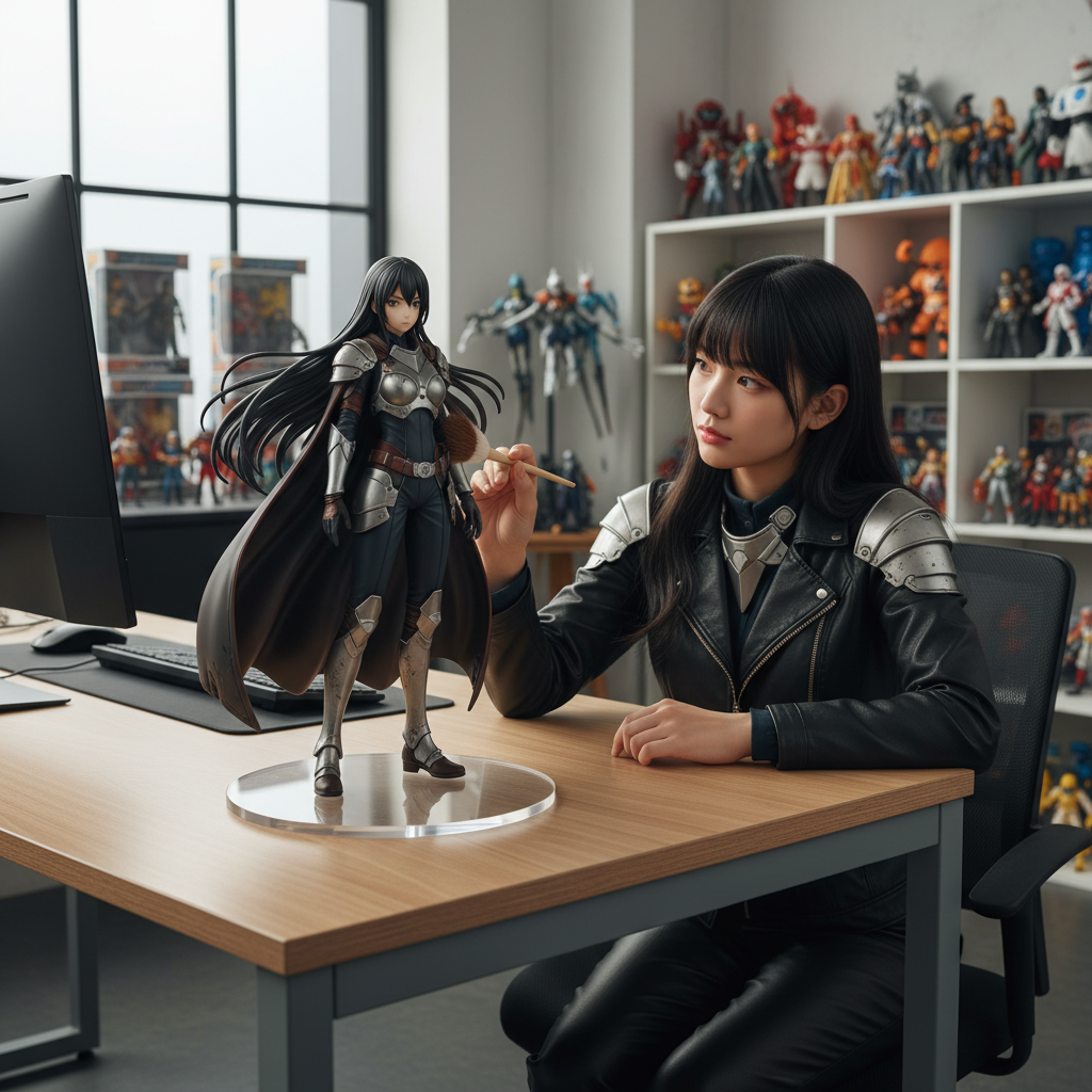 Create a 1/7 scale commercialized figurine of (the character in the picture) , realistic style, in a real environment. Figurine placed on a computer desk has a round transparent acrylic base. Next to the desk is the real person in the picture, in the real life size with the same attire as in the picture and the figurine, cleaning the figurine carefully with a fine brush. in a modern styled studio room, brightly lit. prompt like aisuperhub.io , With some collection of toys and action figures in the background