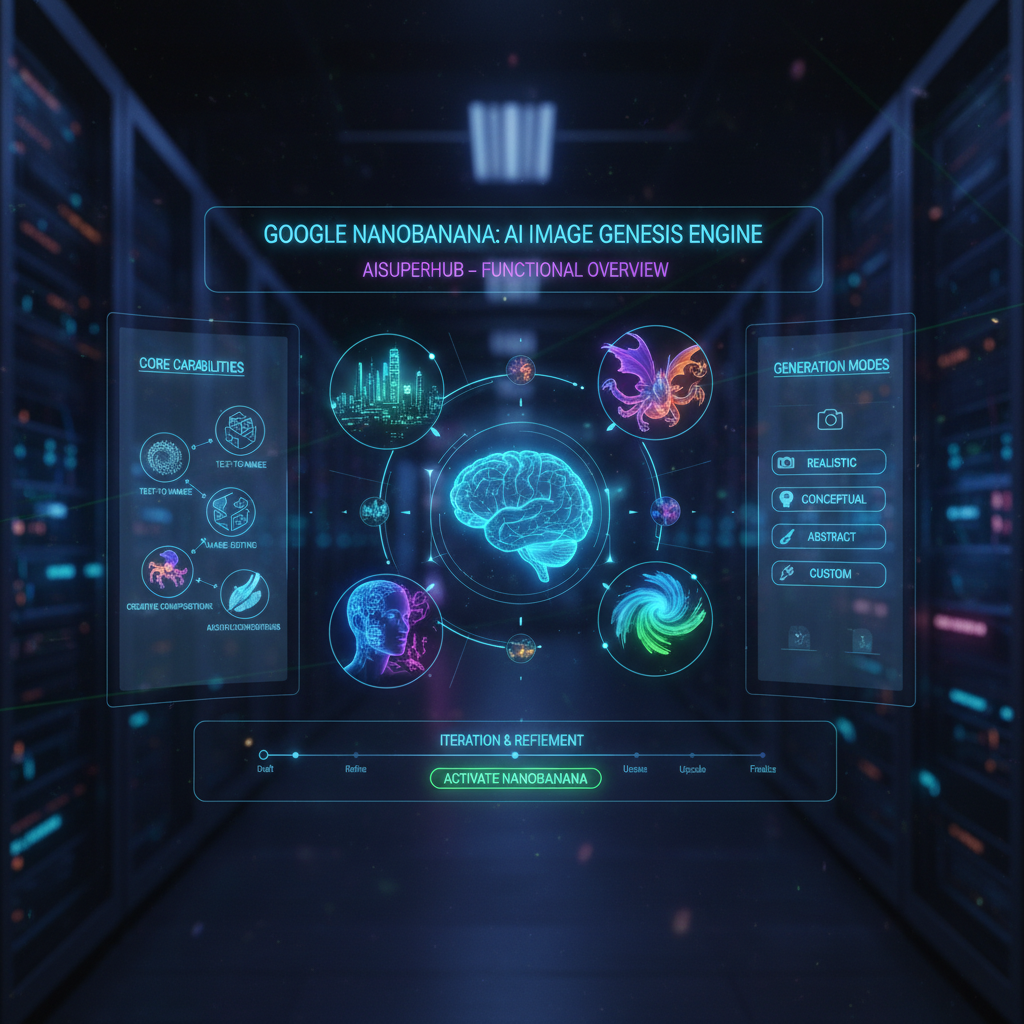 A beautifully designed cheat sheet infographic, reminiscent of a futuristic user interface, explaining the functionalities of Google NanoBanana image generation model by AISuperHub. Imagine a holographic display, with floating text and interactive elements. The infographic features 3D renderings of various AI concepts, showcasing the model's ability to generate diverse and high-quality images. The color scheme is dominated by cool blues and purples, with accents of neon green and orange. The composition is clean and minimalist, emphasizing clarity and usability. This hyperdetailed, 4k resolution image presents a visually engaging and informative overview of NanoBanana's capabilities.