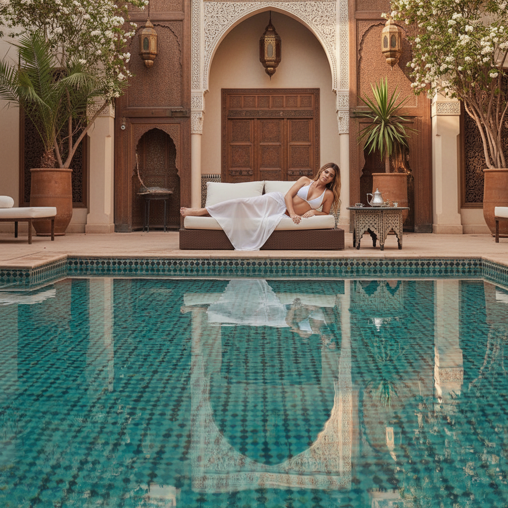 Photorealistic, cinematic shot of Khloe Kardashian enjoying a private moment of relaxation at a luxurious riad in Marrakesh. She's lounging by a shimmering turquoise pool, the intricate mosaic tiles reflecting the light in a dazzling display. She wears a simple white bikini and a loosely draped, sheer cover-up, her skin glowing in the warm Moroccan sun. The air is thick with the scent of jasmine and orange blossoms. The camera is positioned at a low angle, capturing her in a moment of serene vulnerability. The scene is bathed in the soft, golden light of the late afternoon, creating a sense of tranquility and escape. This hyperdetailed, 4k resolution image evokes a feeling of pure indulgence and exotic luxury.