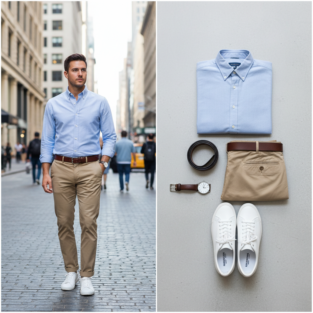 Photorealistic, full shot of a well-dressed man walking on a city street. He is wearing a light blue button-down shirt, khakis, a brown leather belt, and white sneakers. His left hand is in his pocket, and a wristwatch is visible on his left wrist. Next to this image of the man there is a flat lay showcasing the articles of clothing by themselves: the light blue shirt is neatly folded, next to the khaki pants, brown leather belt, matching wrist watch, and the clean white sneakers. The lighting is soft and natural, creating a casual and inviting mood. 4k resolution, hyperdetailed.