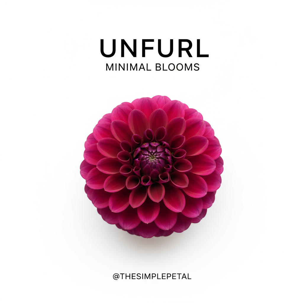 A visually striking Instagram post design featuring a minimalist aesthetic. Imagine a close-up shot of a single, vibrant flower against a stark white background, its petals perfectly arranged. The lighting is soft and diffused, creating a sense of serenity. The color palette is predominantly white, with a pop of color from the flower (perhaps a deep magenta or a sunny yellow). Text overlayed is clean and modern, using a sans-serif font. This is rendered as a hyperrealistic digital photograph, detailed to the point where you can almost feel the delicate texture of the petals. The image should exude an air of sophisticated simplicity, perfect for capturing attention in a crowded feed.