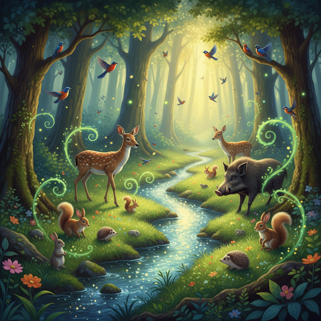 over head shot, cinematic wide shot, hyper-realistic yet fairytale-like cinematic scene of a bright magical forest in daytime. Sunlight spills warmly through the trees, casting a golden glow over lush green foliage, vibrant grass, and a sparkling stream. In the scene, various woodland animals of different sizes appear together small animals like rabbits, squirrels, and hedgehogs forage near the grass, while larger animals such as deer, and a wild boar stand farther back among the trees. Several birds perch on branches or fly through the rays of light. All animals look lifelike with detailed fur and feathers, showing natural, cautious curiosity as they watch something unseen. all surrounded by life and warmth. Around each animal, soft glowing green particles float in the air like enchanted fireflies, shimmering with vitality. The colors are bright, fresh, and cool yet warm, creating a cheerful, refreshing, and serene atmosphere. The mood is magical, heartwarming, and enchanting, evoking the feeling of a living fairytale. Painterly and cinematic style.