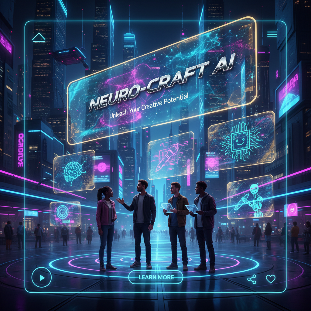 A visually interesting social media post design showcasing a futuristic AI tool. The scene is a vibrant, neon-lit cityscape at night, with holographic displays advertising the AI's capabilities. A diverse group of people interacts with these displays, their faces illuminated by the colorful light. The design should incorporate sleek, modern typography and UI elements that suggest ease of use and cutting-edge technology. This is a hyperrealistic digital rendering, 4k resolution, a masterpiece of visual communication.