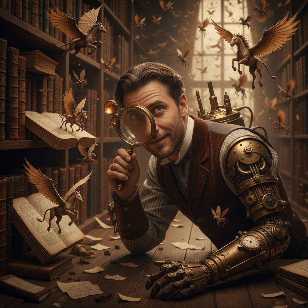 Imagine a Victorian-era library, but the books are alive. Each tome sprouts miniature, fantastical creatures – dragons, griffins, and tiny winged horses – that flutter and crawl across the shelves. A lone scholar, rendered in a steampunk aesthetic with intricate mechanical augmentations, observes the scene through a magnifying glass. The image is a close-up, focusing on the intricate details of the living books and the scholar's fascinated expression. Shot in the distinct, moody style of a cinematic film still, the scene is dramatically backlit by a hidden source, casting long shadows and highlighting the textures of aged paper and polished brass. Dominated by a warm, sepia-toned color palette, the image is hyperrealistic and 4k resolution.