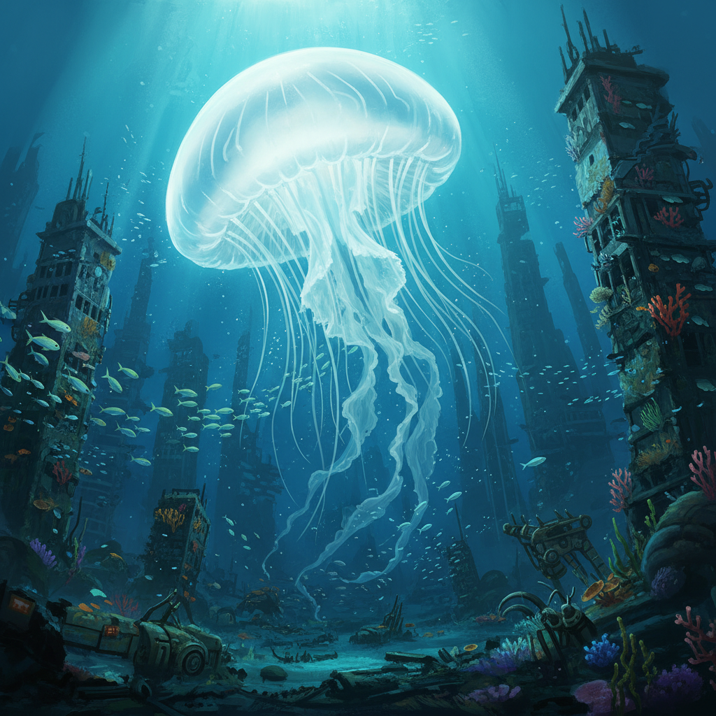 A hyperrealistic digital painting depicting a colossal, bioluminescent jellyfish floating serenely through the ruins of a submerged futuristic city. The jellyfish's bell pulsates with a soft, ethereal light, illuminating the coral-encrusted skyscrapers and robotic remnants below. Schools of tiny, glowing fish dart around its tentacles, creating a mesmerizing spectacle of light and shadow. The composition is a wide-angle shot, capturing the vastness of the underwater cityscape and the otherworldly beauty of the jellyfish. The color palette is dominated by deep blues and greens, accented by the vibrant bioluminescence of the jellyfish and the surrounding marine life. The overall atmosphere is one of serene wonder and melancholic beauty, reminiscent of a lost civilization reclaimed by nature. 4k resolution, masterpiece.