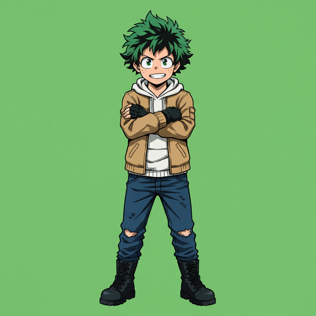 A full body portrait, digital illustration, hyperdetailed, of Izuku Midoriya from My Hero Academia in his casual hero attire: wearing a tan jacket with white hoody underneath, dark blue jeans with rips, and black fingerless gloves; with his arms crossed over each other and clenched fists, smiling determinedly. He has freckles, green hair, and green eyes. The background is a solid, bright green color. The style is reminiscent of anime with thick, dark outlines, cell shading, and a vibrant color palette. 4k resolution, masterpiece.
