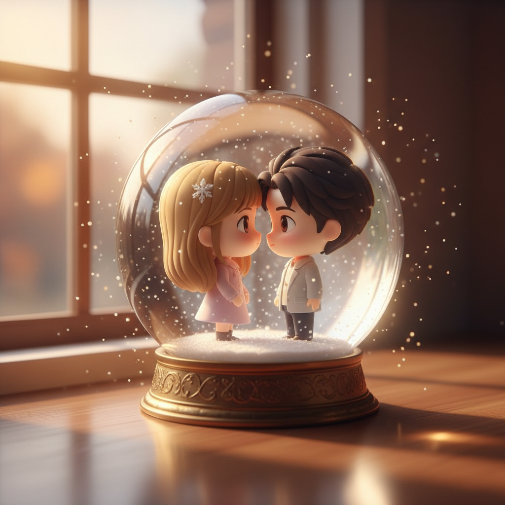 Transform the person in the attached image into a snow globe scene.
Overall environment: The snow globe is placed on a tabletop by the window, with a blurred, warm-toned background. Sunlight passes through the globe, casting golden sparkles that gently illuminate the surrounding darkness.
Inside the globe: The characters are in a cute chibi-style 3D design, gazing at each other with eyes full of love.