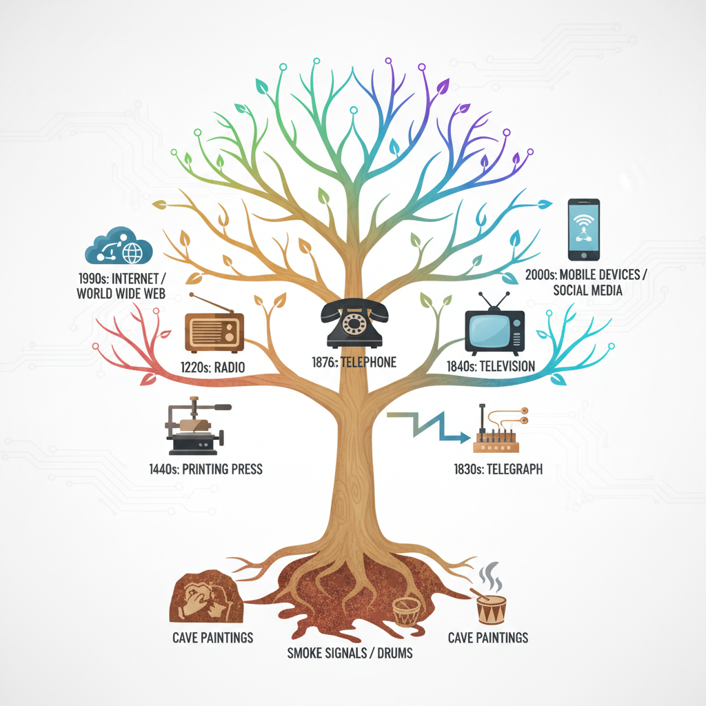 A vibrant and visually engaging infographic illustrating the evolution of communication technology. The infographic is designed as a branching tree, with roots representing early forms of communication like cave paintings and smoke signals. The branches extend upwards, showcasing milestones such as the printing press, telegraph, telephone, radio, television, and finally, the internet and mobile devices. Each milestone is represented by a stylized icon and a brief description. The color palette transitions from earthy tones at the base to bright, digital colors at the top, symbolizing progress. The entire design is rendered in a clean, modern style with ample whitespace, ensuring readability. Soft, diffused lighting enhances the visual appeal. Hyperdetailed, 8k resolution, masterpiece.