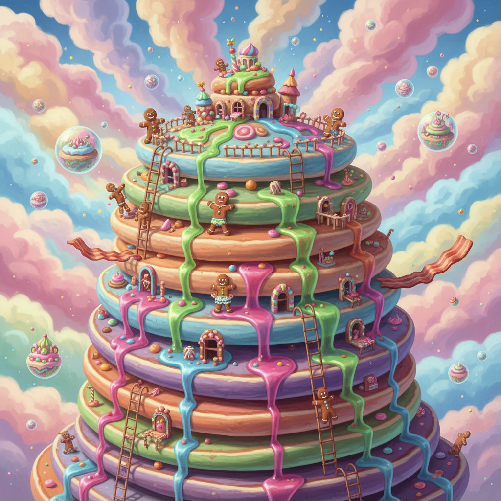 In a whimsical, dreamlike vision rendered as a digital painting, a towering stack of pancakes forms the base of a surreal cityscape. Each pancake is a different size and color, some drizzled with impossible neon syrups. Tiny gingerbread men inhabit the pancake-buildings, going about their daily lives. The sky is a swirl of pastel cotton candy clouds, and the whole scene is bathed in soft, diffused light, creating a hyperrealistic and hyperdetailed masterpiece in 4k resolution.