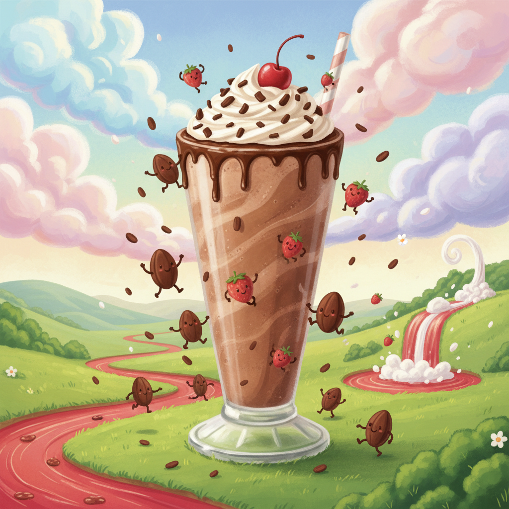 A whimsical, animated advertisement for a chocolate shake. A giant chocolate shake floats in a dreamlike landscape of rolling green hills and cotton candy clouds. A river of strawberry juice flows alongside it, cascading down a waterfall of whipped cream. Tiny, animated chocolate beans and strawberries dance around the shake. The style is reminiscent of a classic children's book illustration. The lighting is soft and cheerful, creating a sense of wonder and joy. The color palette is bright and saturated, dominated by pinks, browns, and greens. 3D model, rendered in a hyperdetailed, 4k resolution.