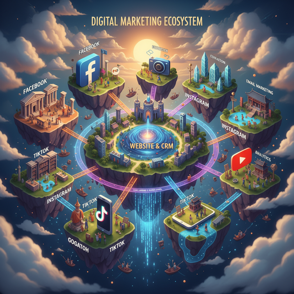 Envision an infographic designed as a fantastical map of a digital marketing ecosystem. Each platform (Facebook, Instagram, TikTok, etc.) is represented as a unique, miniature floating island with distinctive architecture and inhabitants. Winding roads connect the islands, symbolizing user journeys and marketing funnels. The entire scene is rendered as a hyperrealistic 3D model, with volumetric clouds and subtle lighting effects. The color scheme is a vibrant mix of complementary colors, creating a visually stimulating and engaging experience. The camera is positioned overhead, providing a bird's-eye view of the entire ecosystem, highlighting the interconnectedness of the various platforms. The final image is a hyperdetailed, 4k resolution masterpiece that blends technical information with imaginative storytelling.