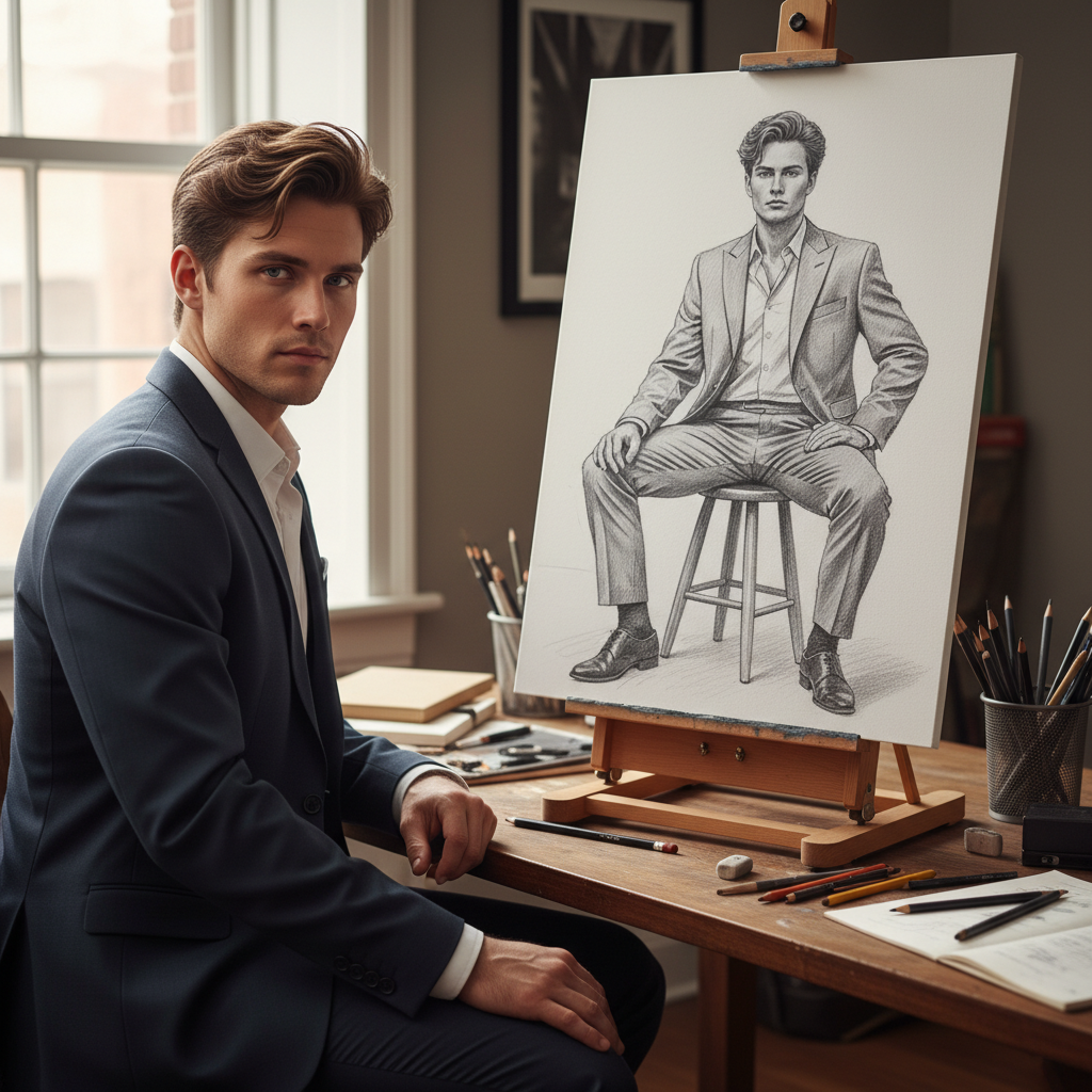 Scene showing a real person from the uploaded photo sitting at an artist desk, drawing on a canvas. The real person has a confident, focused posture, sitting upright with calm intention. On the canvas, show a black and white graphite pencil drawing of the same person in a full-figure power posture on a simple stool. The canvas artwork looks hand drawn with textured pencil strokes, soft shading, detailed suit folds, and natural hair texture. Create a clear contrast so the real person looks lifelike and the figure on the canvas looks like a graphite pencil illustration.