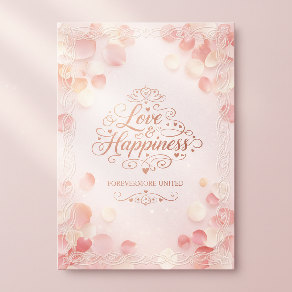 beautifull wedding card design with love , rose petals, light pinkish with beautiful calligraphy showing love and happiness.