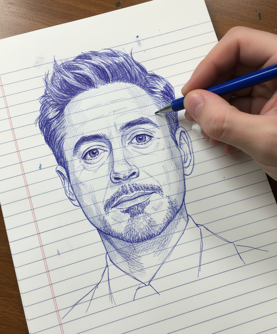 Create a photo-style line drawing / ink sketch of the faces identical to the uploaded reference image — keep every facial feature, proportion, and expression exactly the same.
Use blue and white ink tones with intricate, fine line detailing, drawn on a notebook-page style background.
Show a right hand holding a pen and an eraser near the sketch, as if the artist is still working