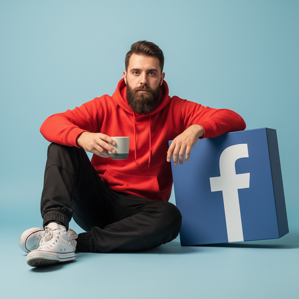 A hyper-realistic full-body portrait of uploaded image. Their pose is “sitting”. Beside them stands a vertical oversized “Facebook icon”, placed firmly on the ground, slightly tilted for a stylish aesthetic. The object is approximately at arm-height, allowing them to casually lean one arm on it for support. In their other hand, they hold a “cup”.
Use a full-frame DSLR camera simulation (e.g. 85mm lens at f/1. to ensure a sharp, crisp image with shallow depth of field.
Focus priority: Face must be in perfect sharp focus, capturing real skin texture, pores, subtle light reflections, and lifelike eye clarity.
Background: Minimal pastel blue studio with soft cinematic lighting that wraps naturally around the face and shoulders, casting delicate shadows and depth.
Ultra-detailed textures on clothing, skin, hair, and object surfaces. The subject wears a contrasting red streetwear hoodie, black trousers, and white Converse shoes.
Rendering style: Clean, minimal, modern, and visually striking — must look like a professional fashion photo, not CGI