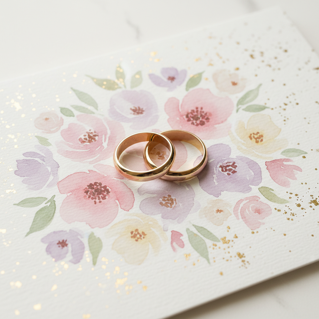 A visually stunning wedding card design featuring two intertwined golden rings resting on a bed of delicate, hand-painted watercolor flowers in pastel shades of pink, lavender, and cream. The rings catch the light, creating a soft, ethereal glow. The background is a textured, off-white paper with subtle gold foil accents. The overall style is elegant and romantic, with a touch of whimsical charm. The card is presented as a flat lay, captured in a high-resolution, photorealistic close-up, showcasing the intricate details of the floral design and the texture of the paper. Soft, diffused lighting enhances the delicate colors and creates a dreamy atmosphere. Hyperdetailed, 4k resolution, a true masterpiece.