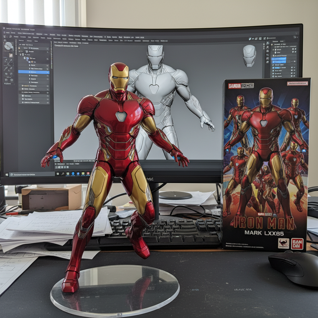 create a 1/7 scale commercialized figurine of the characters of IronMan, in a realistic style, in a real environment. The figurine is placed on a computer desk. The figurine has a round transparent acrylic base, with no text on the base. The content on the computer screen is the Zbrush modeling process of this figurine. Next to the computer screen is a BANDAI-style toy packaging box printed with the original artwork. The packaging features two-dimensional flat illustrations