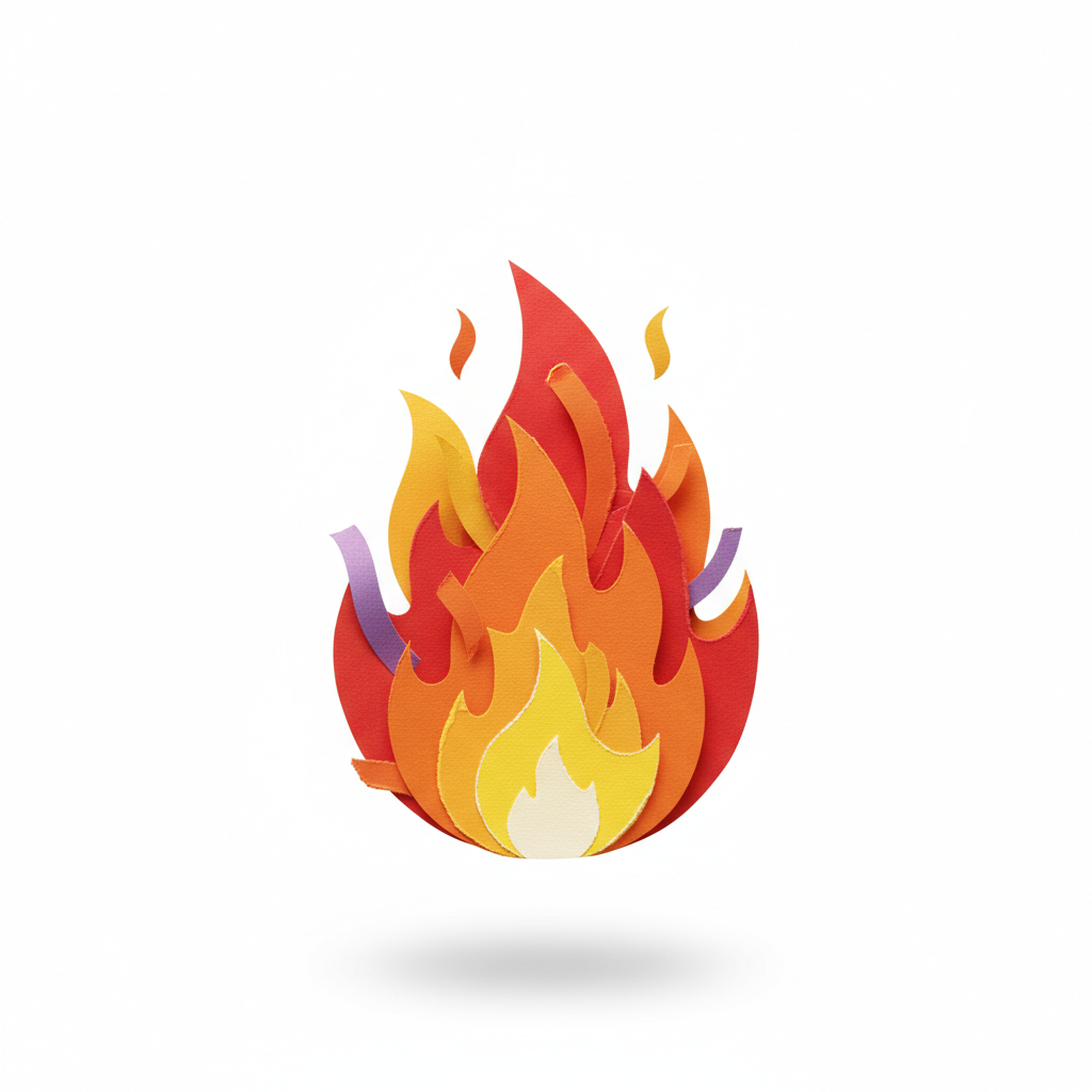 A paper craft-style "🔥" floating on a pure white background. The emoji is handcrafted from colorful cut paper with visible textures, creases, and layered shapes. It casts a soft drop shadow beneath, giving a sense of lightness and depth. The design is minimal, playful, and clean — centered in the frame with lots of negative space. Use soft studio lighting to highlight the paper texture and edges.