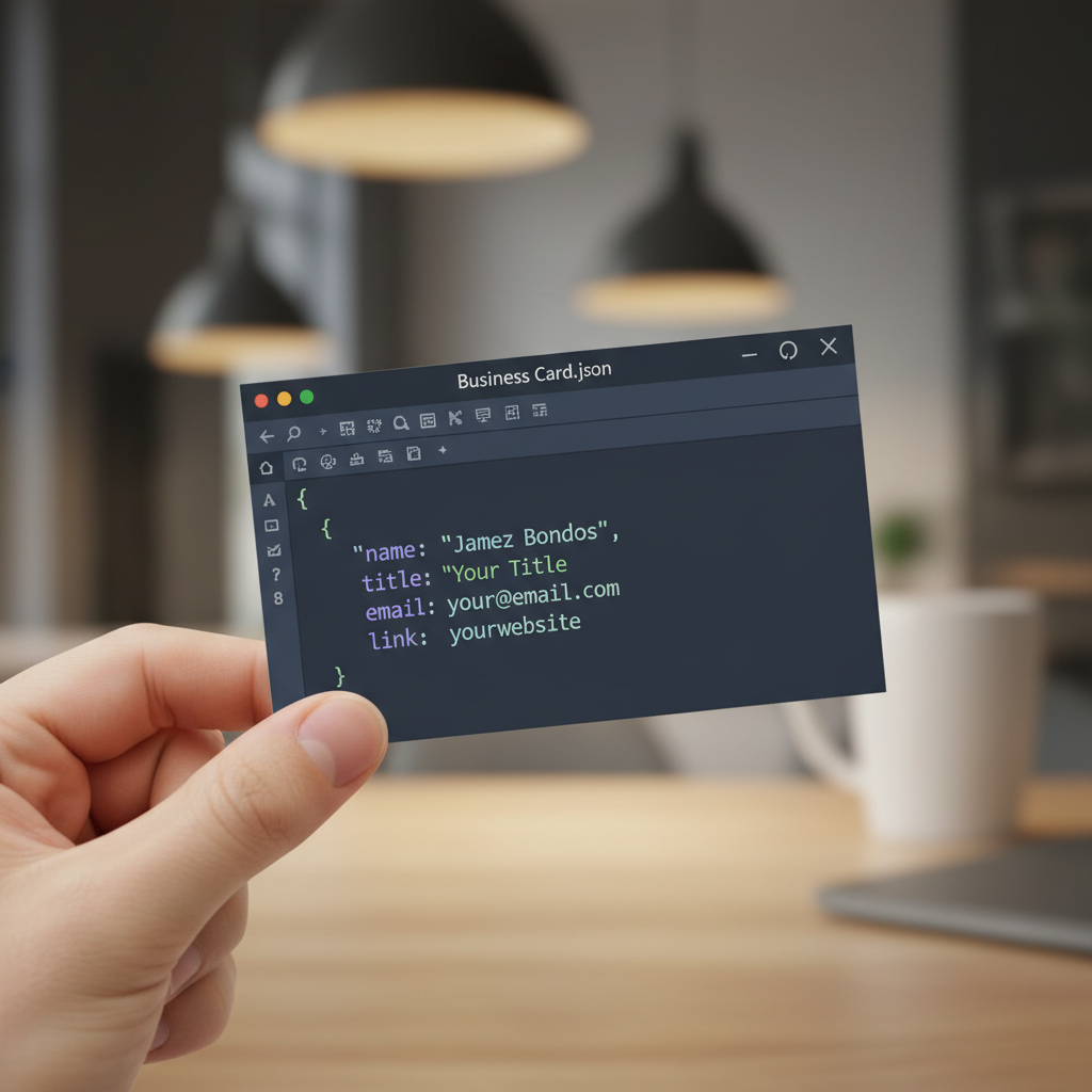 A close-up shot of a hand holding a business card designed to look like a JSON file opened in VS Code. The card shows code formatted in realistic syntax-highlighted JSON code. The window includes typical toolbar icons and a title bar labeled Business Card.json, styled exactly like the interface of VS Code. Background is slightly blurred, keeping the focus on the card.
The card displays the following code formatted in JSON:
{
  "name": "Jamez Bondos",
  "title": "Your Title",
  "email": "your@email.com",
  "link": "yourwebsite"
}