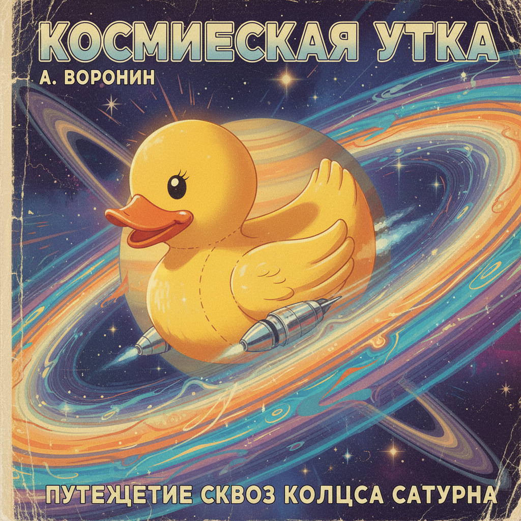 In the style of a vintage научная фантастика (sci-fi) book cover, a giant rubber ducky floats serenely through the rings of Saturn. The ducky, rendered in a retro-futuristic style, has small rocket boosters attached to its base. Saturn's rings are depicted with swirling, psychedelic colors. The overall composition is whimsical and surreal. The image is bathed in the soft glow of distant nebulae, creating a sense of wonder and exploration. Hyperdetailed illustration, 4k resolution.